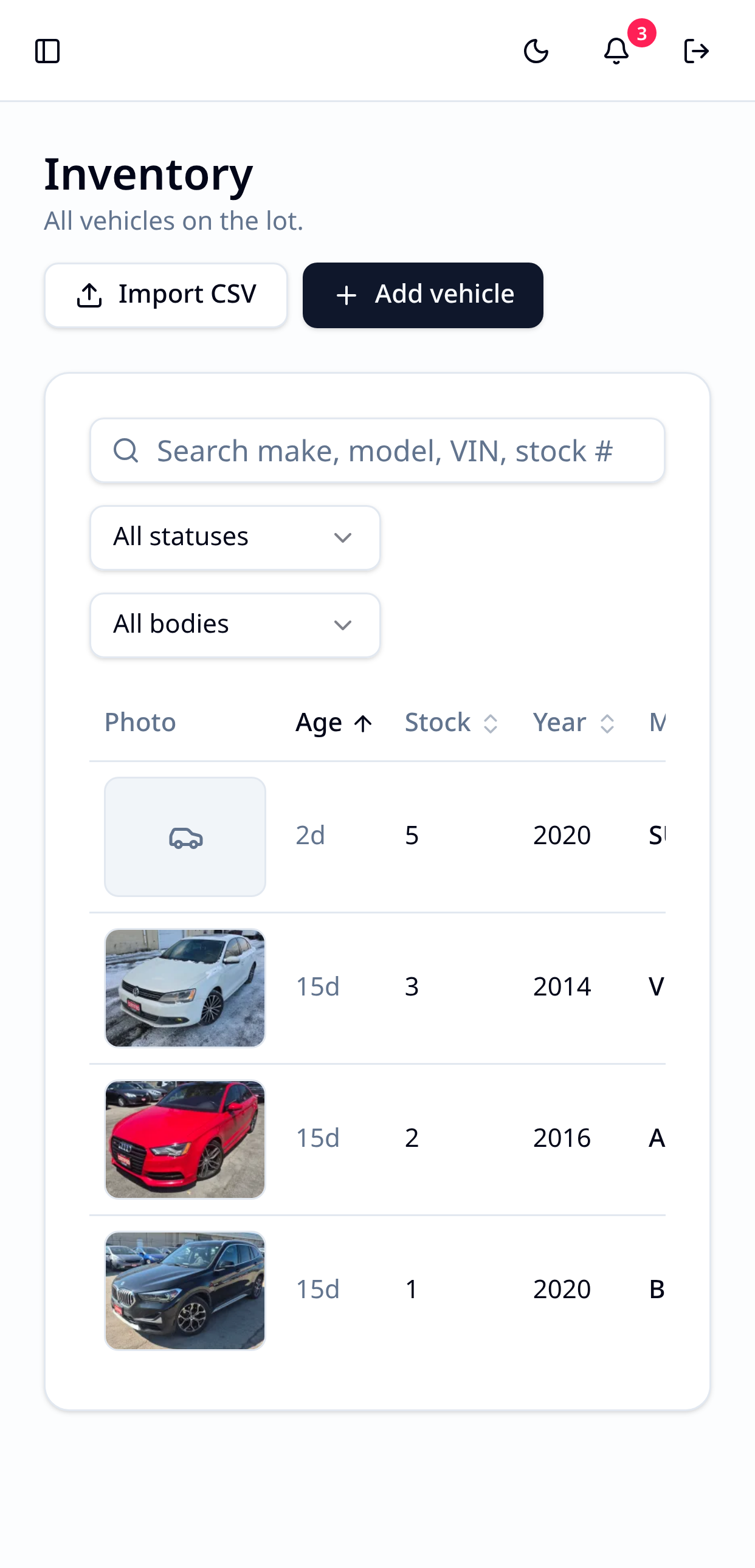 DealerHub inventory on a mobile screen