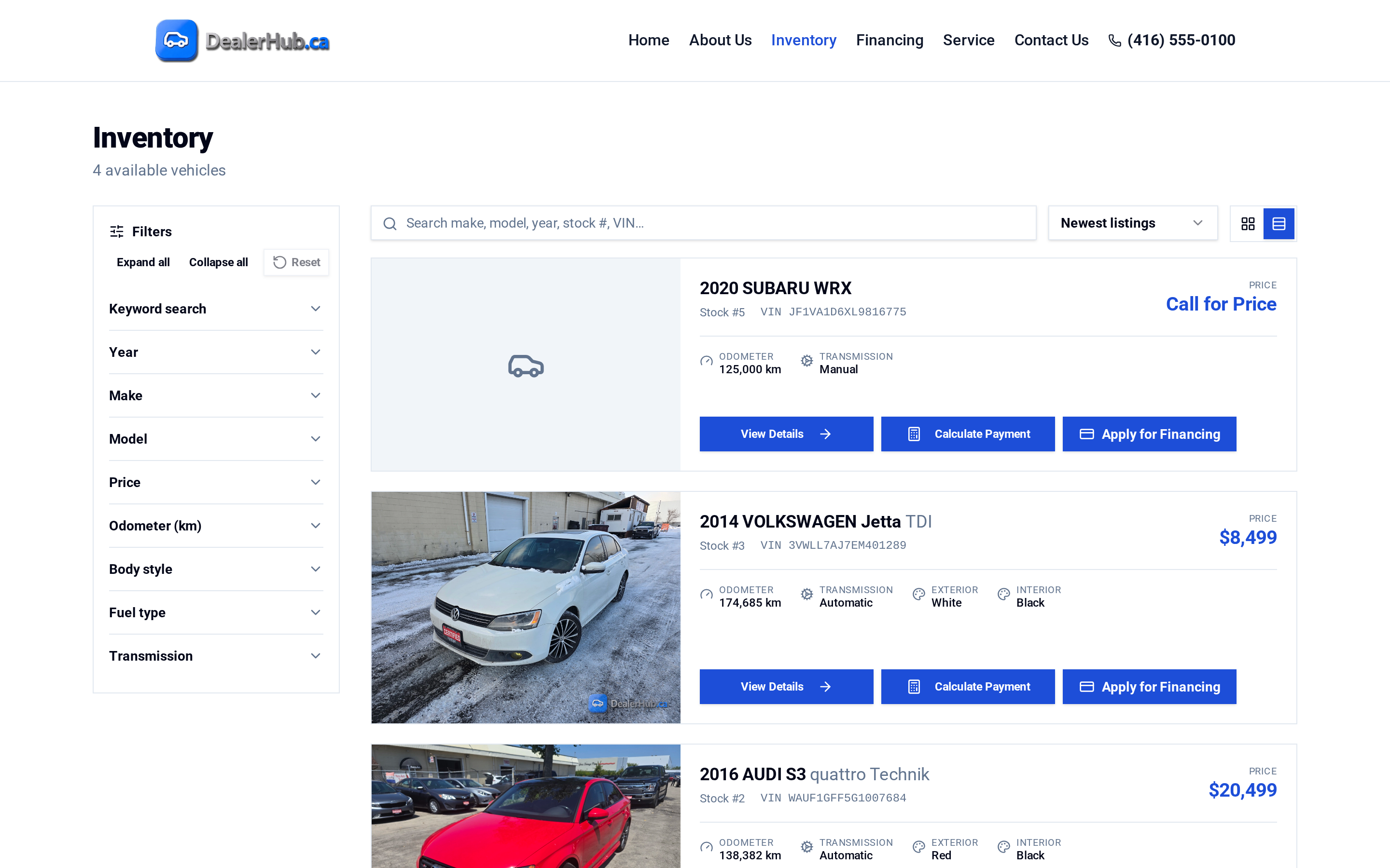 Dealer website inventory shown in list view